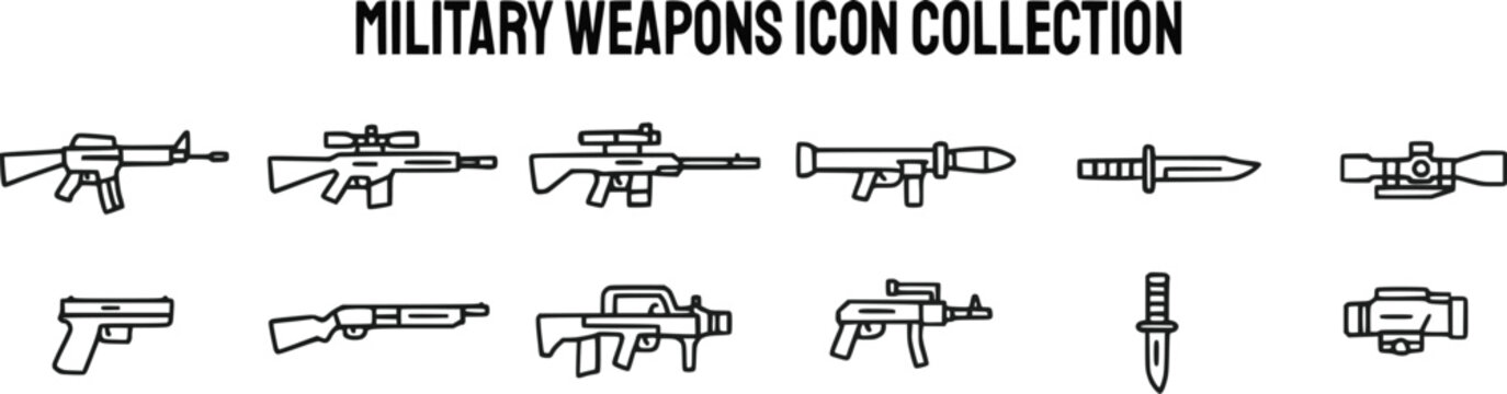 set icons of military weapons, tactical equipment of  two rows, featuring rifles, assault weapons, sniper rifles, rocket launcher, pistols, submachine guns, tactical knife, scopes, sight attachments  