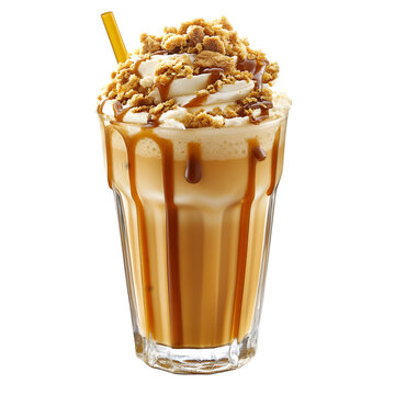 butterscotch milkshake in a retro soda glass, with caramel drizzle and cookie crumble topping, white background