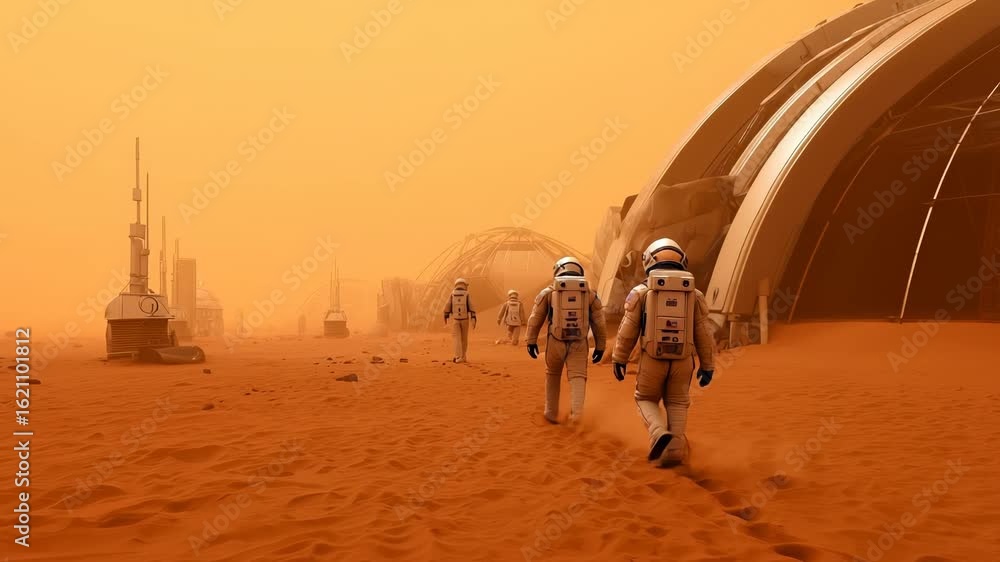 Poster astronauts in spacesuits walking through dusty orange martian landscape with dome structures and roc