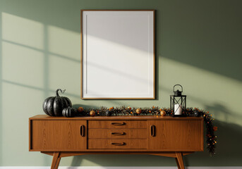 Autumn decor on wooden cabinet with blank frame above it halloween mockup