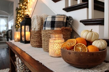 Warm and inviting entryway decorated for autumn with festive lights and natural elements.