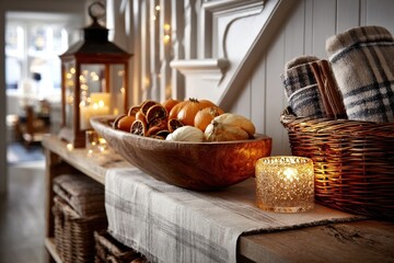 Fototapeta premium Cozy autumn home decor featuring pumpkins, dried oranges, and warm candle light.