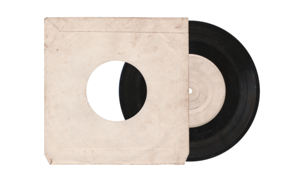 a 7 inch format vinyl record mockup isolated on transparent background, disc inside the sleeve and with empty space for music cover design	with a round hole in the center