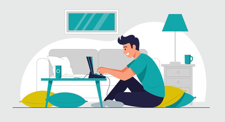 Obraz premium Illustration of a relaxed man working from home with laptop on the floor during the day