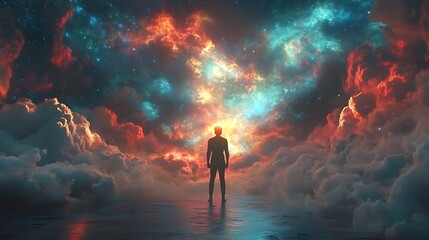 Silhouette of a person standing before a celestial galaxy of colorful clouds digital photo
