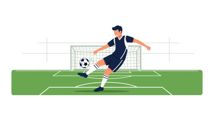 Fototapeta premium Illustration of a skilled soccer player kicking the ball towards the goal scoring during a football match on the green field