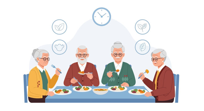 Group Of Seniors Enjoying A Nutritious Meal Together In Dining Room