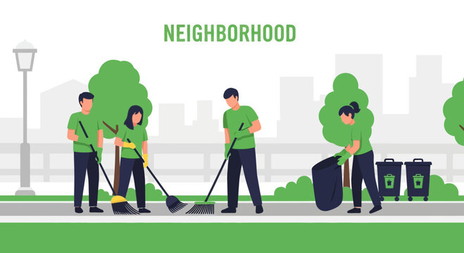 Group of volunteers cleaning up the neighborhood, illustration promoting community engagement and civic responsibility