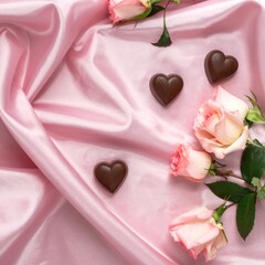 Heart Chocolates and Pink Roses on a Smooth Pink Silk Fabric Lay Flat