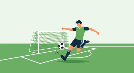 Illustration of a soccer player kicking a ball towards the goal with dynamism and energy