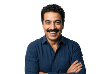 Man with mustache smiling with arms crossed isolated on transparent background