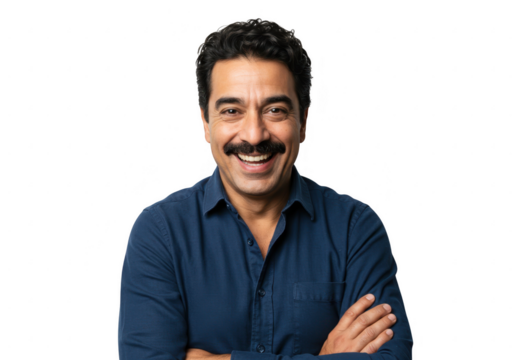 Man with mustache smiling with arms crossed isolated on transparent background