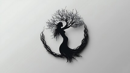 Silhouette of a woman transforming into a tree with roots in a circular photo.