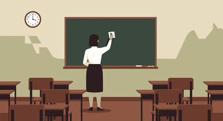 Illustration of a teacher wiping a blackboard in a classroom filled with desks symbolizing education