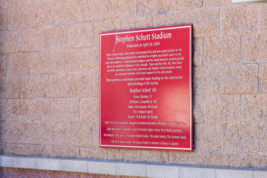 A plaque at Stephen Schott Stadium or Schott Stadium the home of the Santa Clara University baseball team in Santa Clara California USA