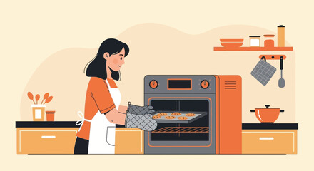 Illustration of a woman baking cookies in the kitchen, demonstrating home cooking activities and domestic tasks