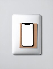 Laptop Smartphone and Book Flat Lay on Gray Background High Angle View