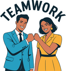 Positive Teamwork Illustration  Smiling Man and Woman Fist Bump in Bright Colors
