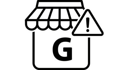 Icon of a store with a large letter g and a warning triangle, representing business risks or alerts, isolated on white background