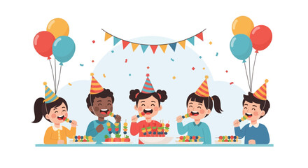 Fototapeta premium Happy Children Celebrate Party With Fruit Skewers Balloons And Confetti