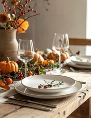 Fototapeta premium Autumn Table Setting with Pumpkins Berries and Flowers for Thanksgiving Feast