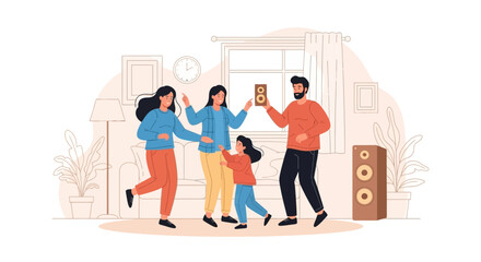 Happy family dancing and having fun together at home with speaker illustration