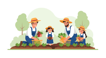 Fototapeta premium Happy Family Together Harvesting Vegetables On Organic Farm In Summer Season