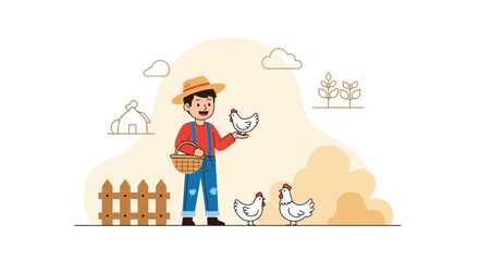 Happy Farmer Holding A Hen On A Farm With Chickens And Fence