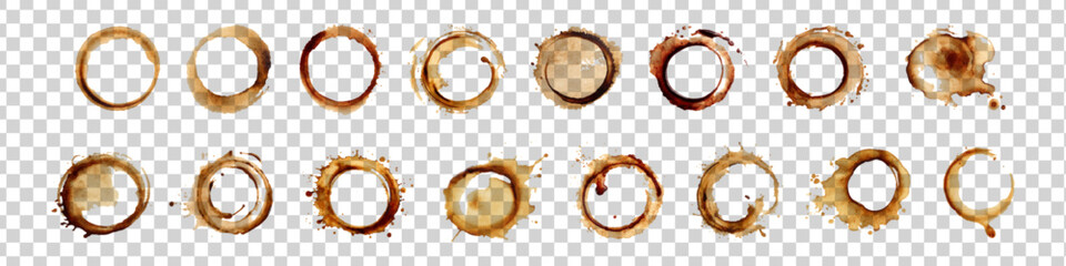 Vector set of coffee stains isolated on transparent background.