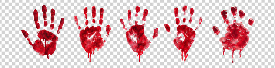 Vector set of bloody hand prints isolated on transparent background.