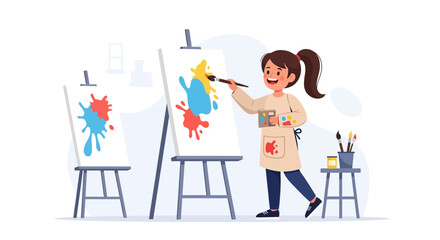 Fototapeta premium Girl Having Fun Painting Colorful Splashes on a Canvas in a Studio