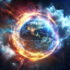 Spectacular photo depicting planet earth surrounded by radiant energy and cosmic clouds in deep space