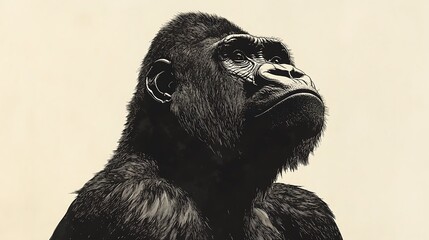 Striking black and white portrait photo of a western lowland gorilla observing something in the distance