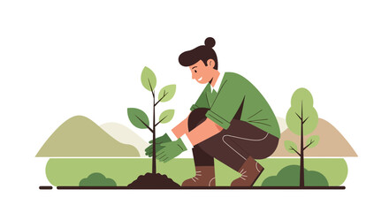 Illustration of a young man planting a tree sapling for environmental conservation and sustainability