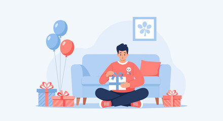 Illustration of a young man opening a present at home with balloons and gifts surrounding him happy mood celebrating