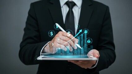 Businessman holding tablet with digital cityscape and financial icons showing growth and investment - Powered by Adobe
