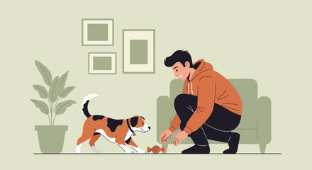 Happy moment: Young man plays fetch with his beagle dog in a cozy living room setting filled with warmth and companionship