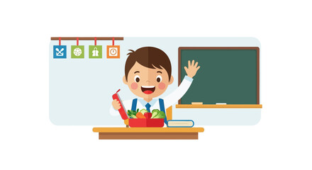 Happy Schoolboy With Lunchbox Waving Hand In Classroom At School