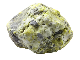 Yellow and green mineral rock specimen with gray inclusions, isolated on transparent background