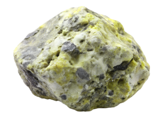 Yellow and green mineral rock specimen with gray inclusions, isolated on transparent background