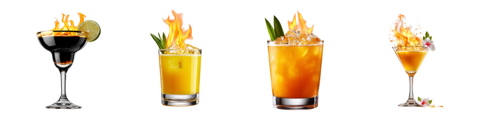  Set of  Flaming Cocktails in Glasses with Citrus Garnish and Dramatic Fire isolated on transparent Background