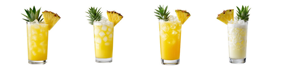  Set of Refreshing Pineapple Juice with Ice Cubes and Tropical Garnish isolated on transparent Background