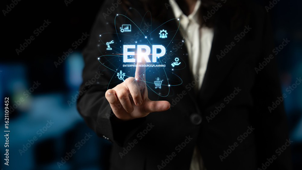 Poster erp platform visual showing centralized system for enterprise resource planning, improving integrati