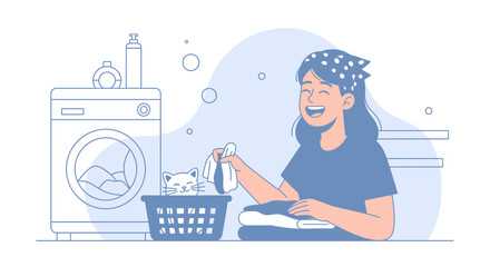 Obraz premium Happy Woman Doing Laundry With Her Pet Cat Illustration In Blue Tones