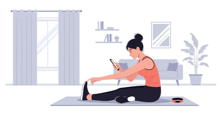 Illustration of a young woman stretching while using a smartphone at home casually indoors in a cozy environment