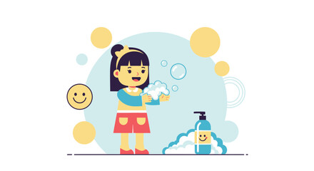Happy Young Girl Washing Her Hands With Soap To Stay Clean Health