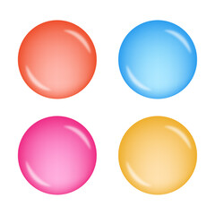 Glossy colorful spheres with shiny reflections, modern 3D bubble buttons in orange, blue, pink, and yellow on white background, abstract minimal vector design.