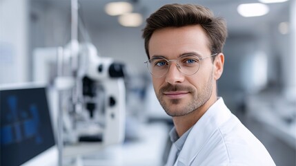 Caucasian man in a white lab coat and glasses, an experienced scientist, researcher or optometrist smiles in a lab.