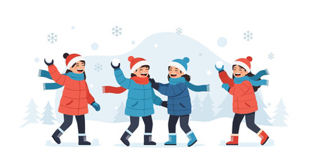 Naklejka premium Illustration of children playing in the snow on a winter day vector graphics