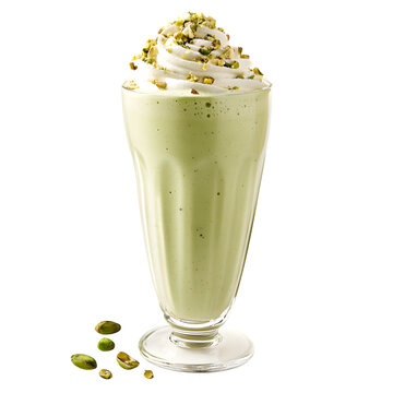 creamy pistachio milkshake in a soft swirl glass with whipped cream dome and crushed pistachios, on white background